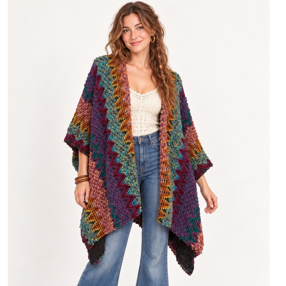 Angie Cardigan One Size Multicolor Chevron Popcorn Knit Open Front Boho